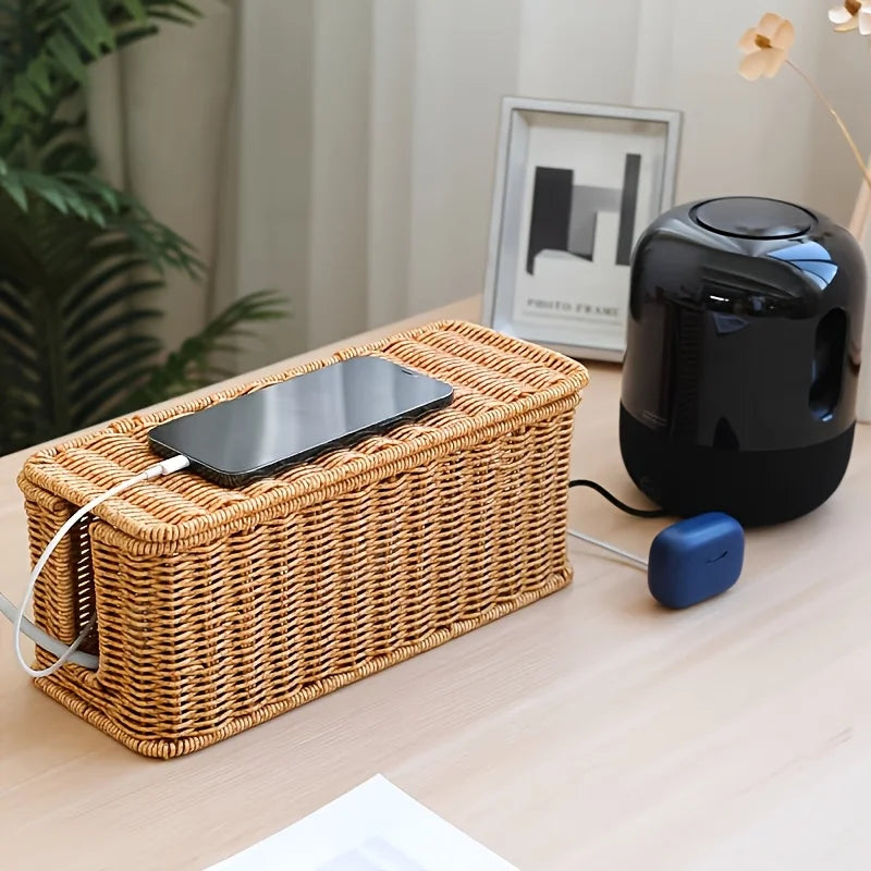 panier marron clair tressé moderne rangement câbles chargeurs téléphone organisation