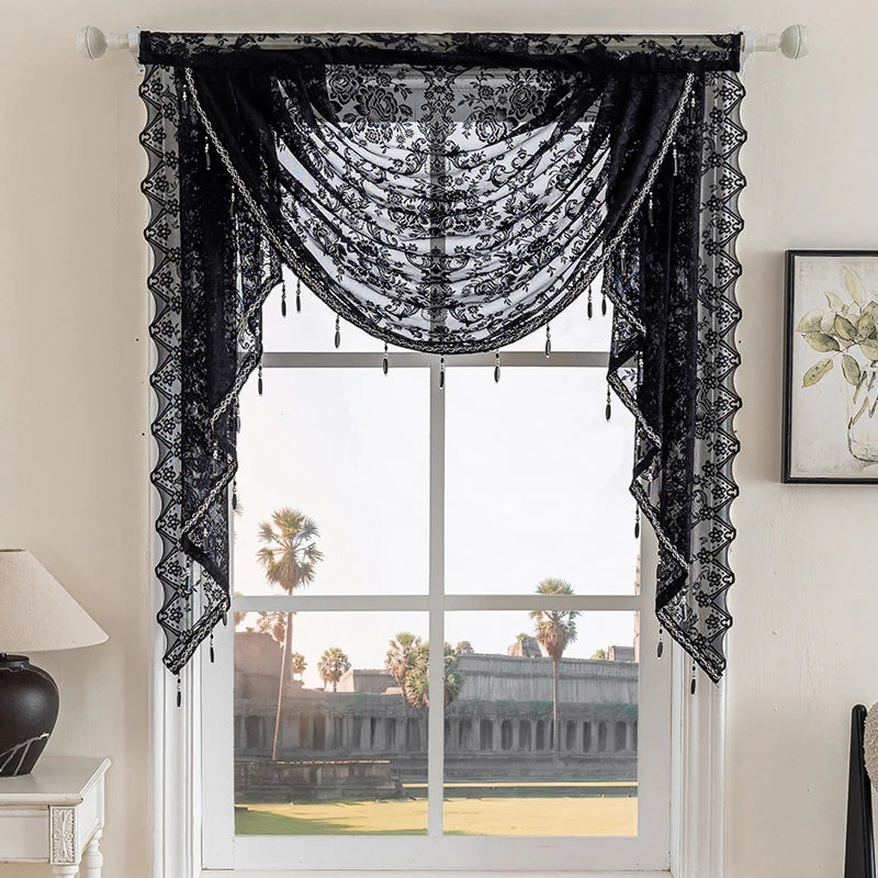 rideau voilé dentelle fleur romantique chambre maison noir blanc gris translucide tringle rideau