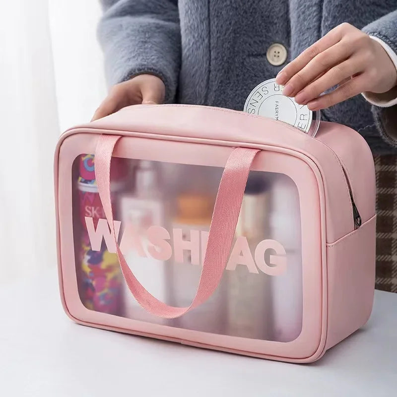 sac rangement multifonctionnel rose transparent moderne poignée amovible grande capacité réutilisable cosmétiques toiletpasseport voyage