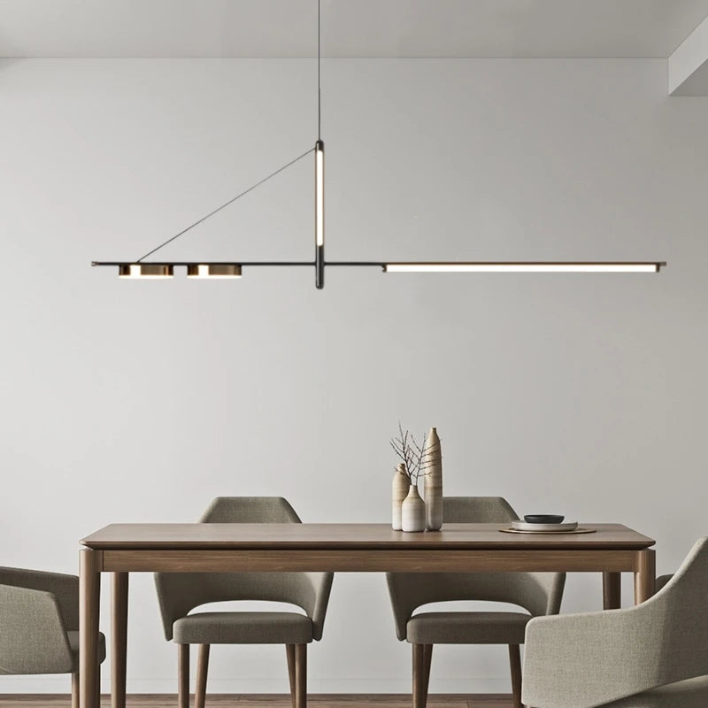 Suspension lumineuse moderne ligne épurée noir doré lumière blanche contemporaine élégante