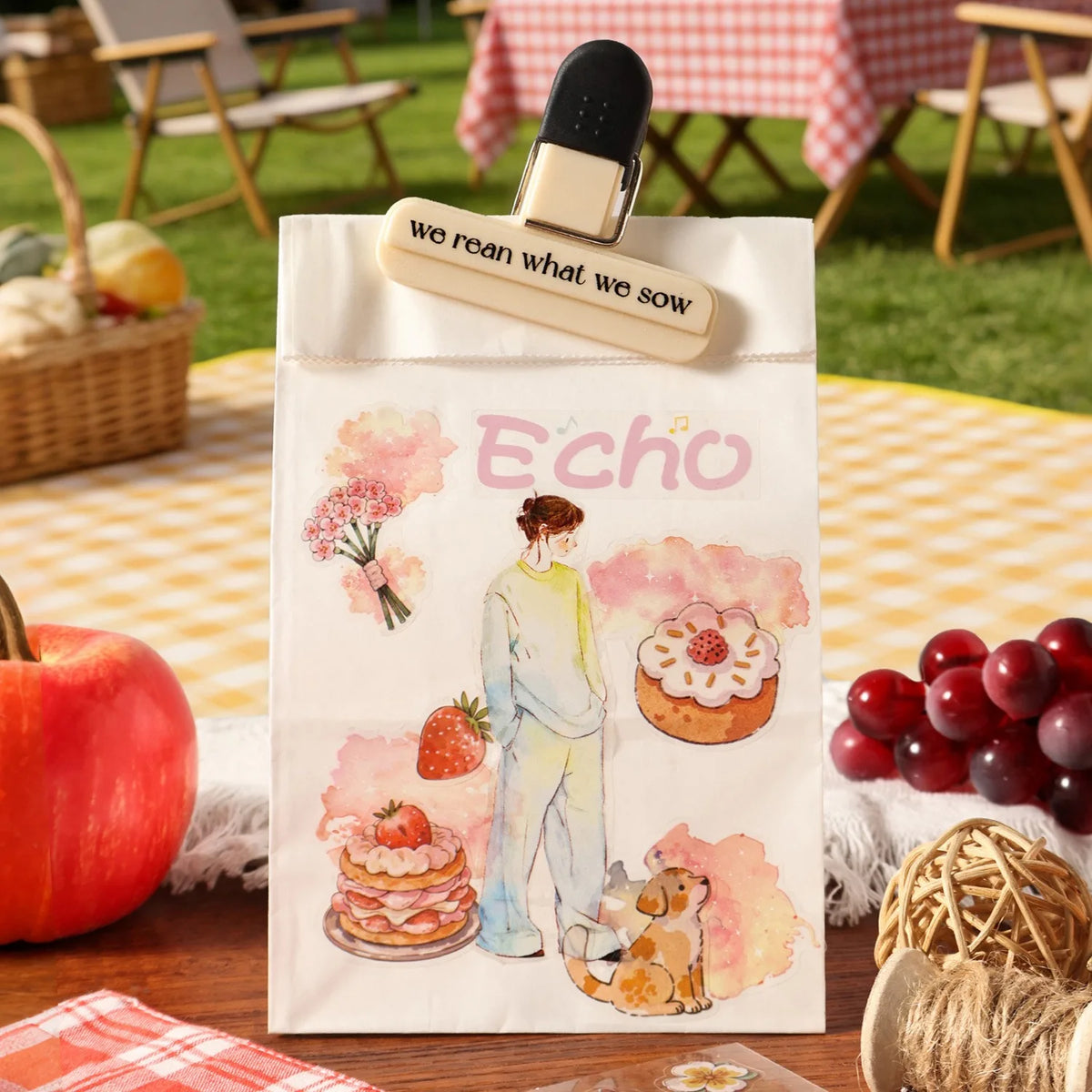 sticker mignon multicolore animaux fruits fleurs pique nique détails illustré clips boisscrição automática aqui