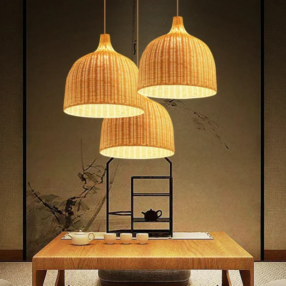 lampe suspendue moderne rustique tissage bambou naturel beige pince lampe