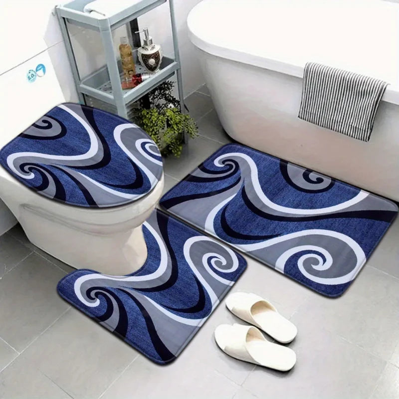 tapis bain moderne bleu marine gris blanc spirales abstraites antidérapants salle bain pièces