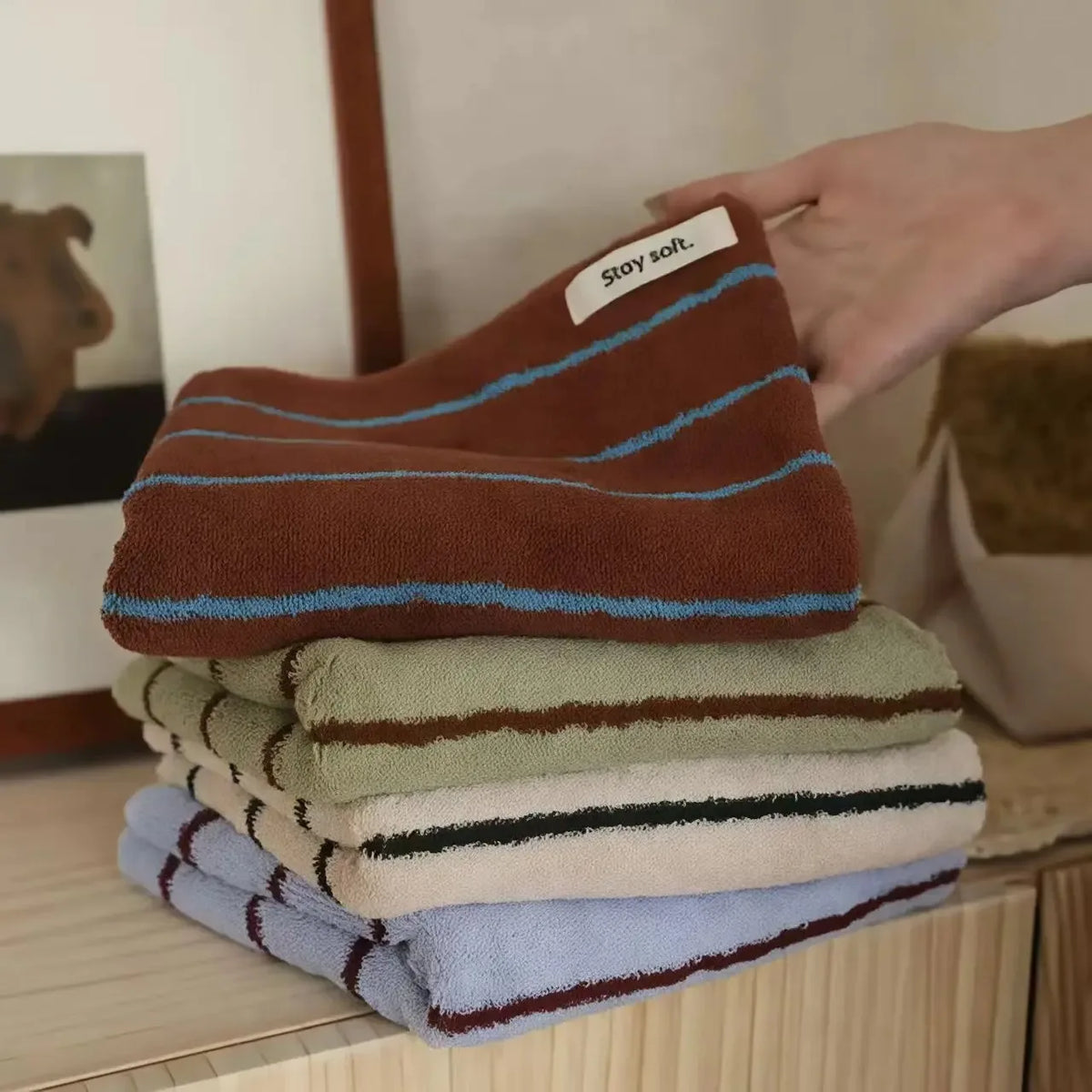 serviettes coton rayées absorbantes marron vert bleu clair maison moderne étiquette stay soft