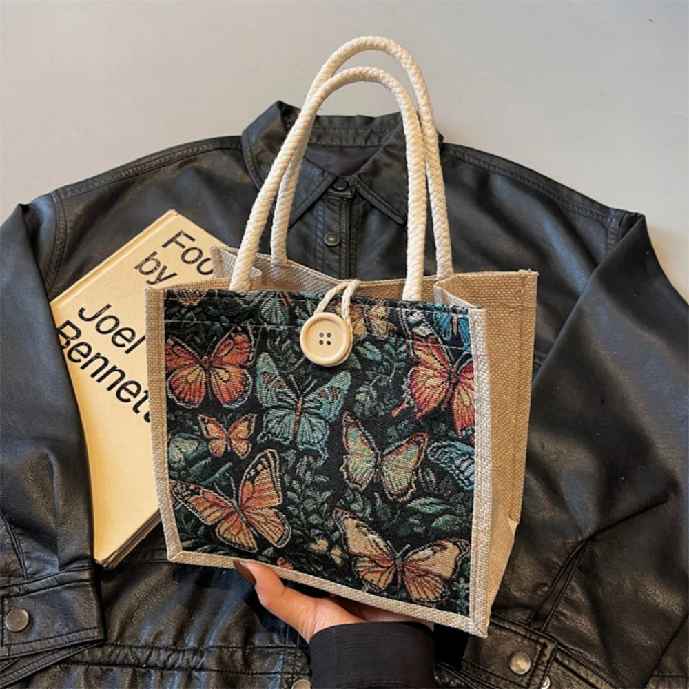 sac main boho chic papillons couleurs vives poignées corde bouton bois portable