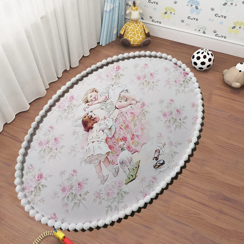 tapis rond fleurs roses enfants vintage blanc rose vertclair