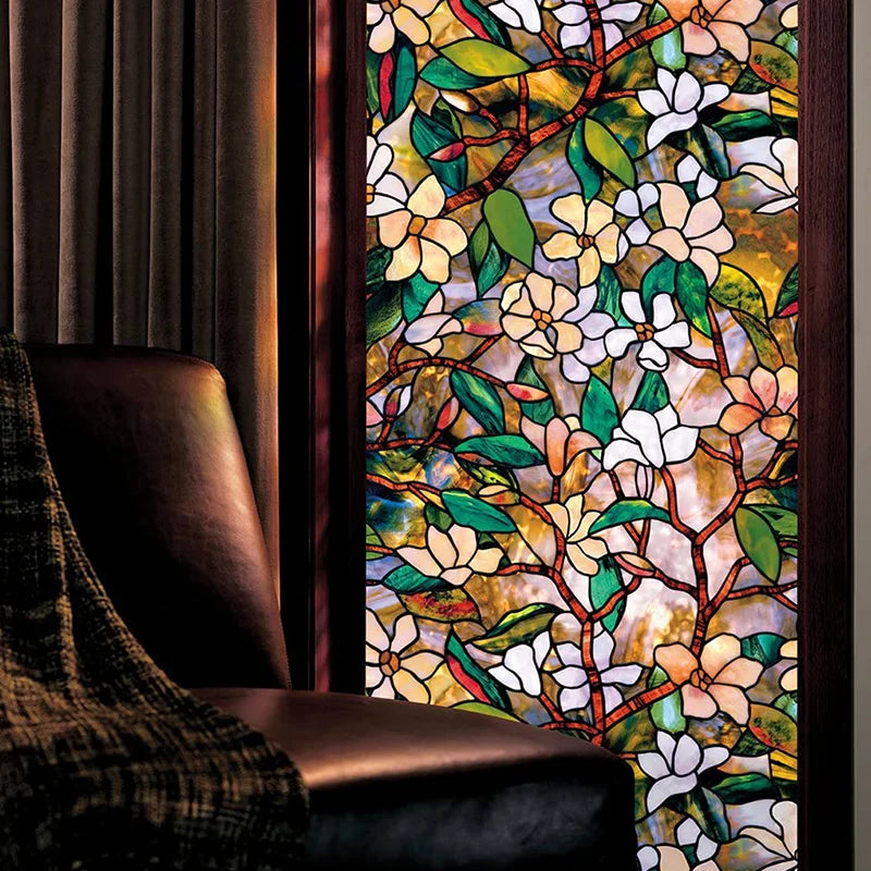 vitrail floral opaque adhésif art nouveau fenêtre décoration intérieure isolation thermique protection privacité