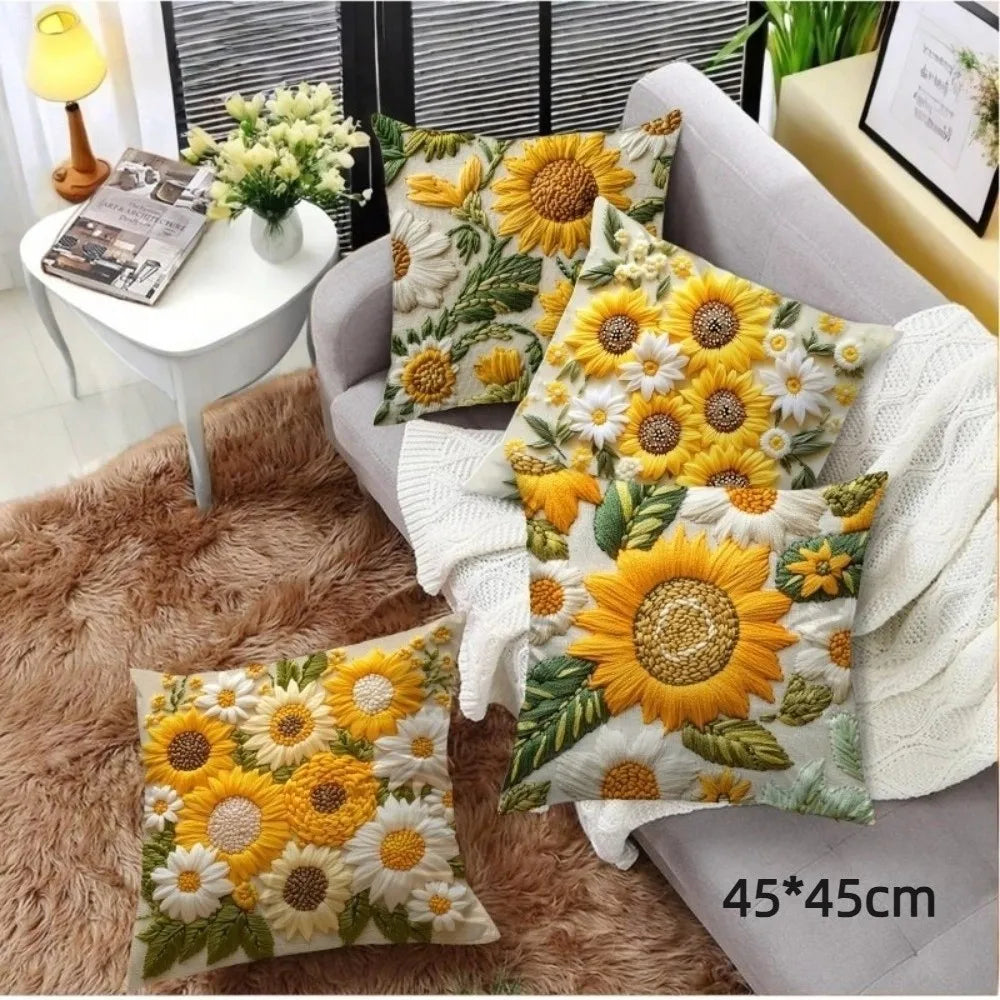 taies d'oreiller fleurs jaunes blanches texture 3d moelleuses polyester opaques decoratif coussin chambre coucher