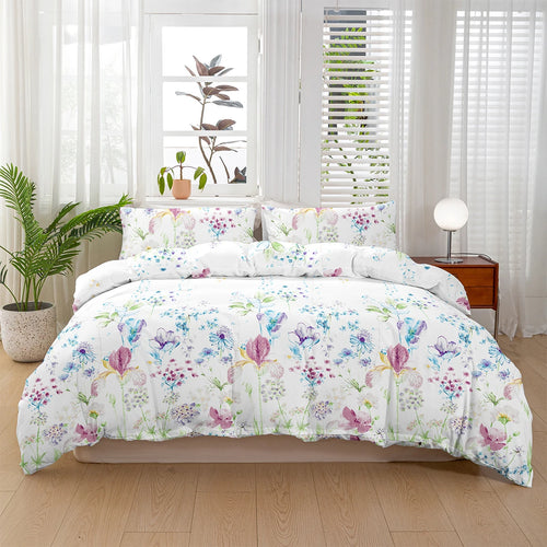 ensemble literie moderne floral pièces housse couette taies oreiller motifs fleurs blanc bleu rose