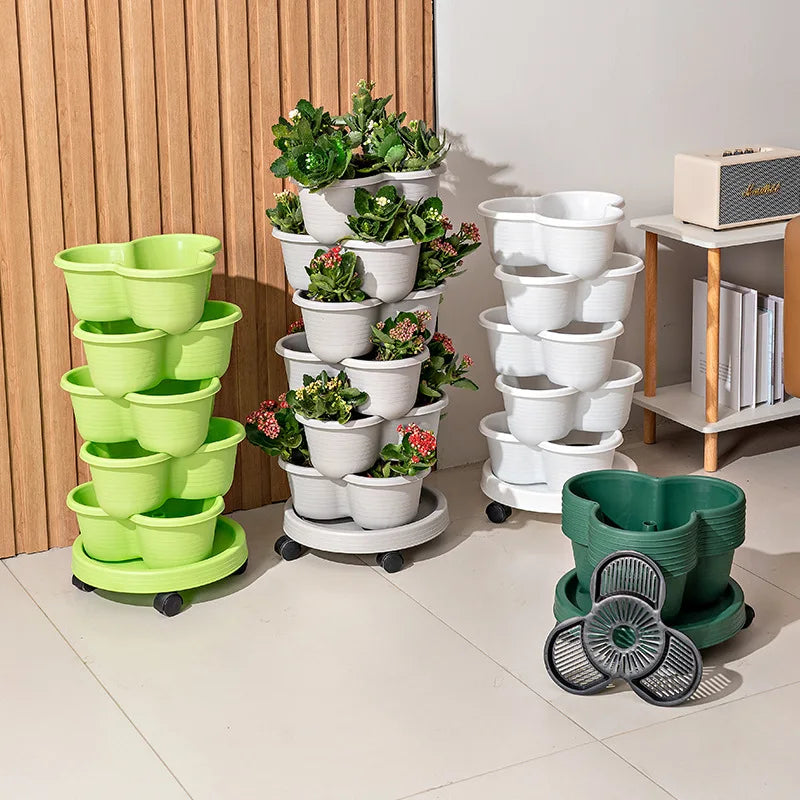 pot fleurs empilables plastique plateau roulettes balcon jardin intérieur moderne blanc