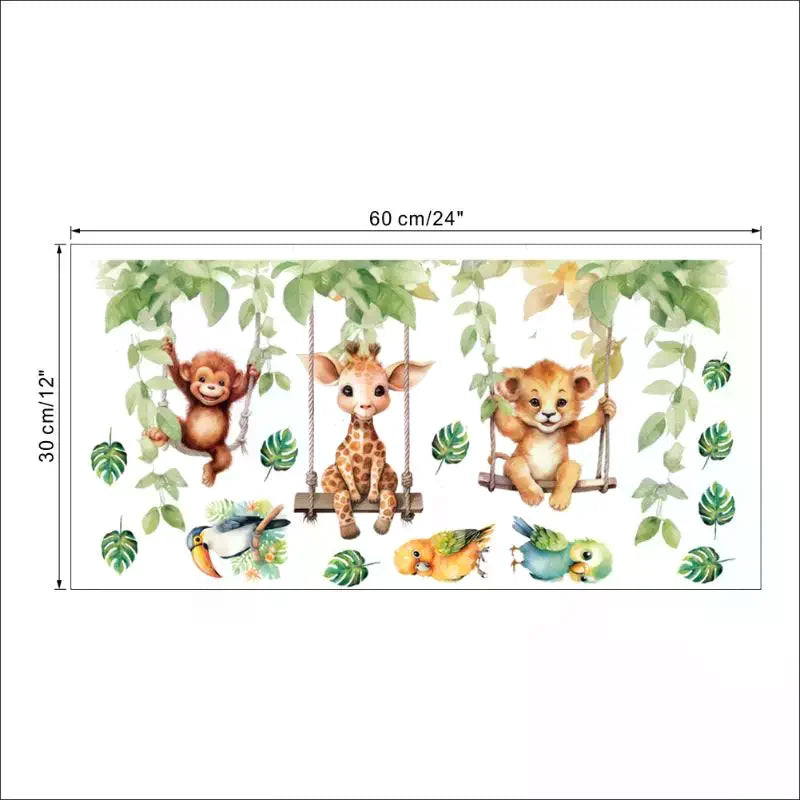 sticker mural animal jungle singe girafe lion balançoire feuilles multicolore chambre enfant