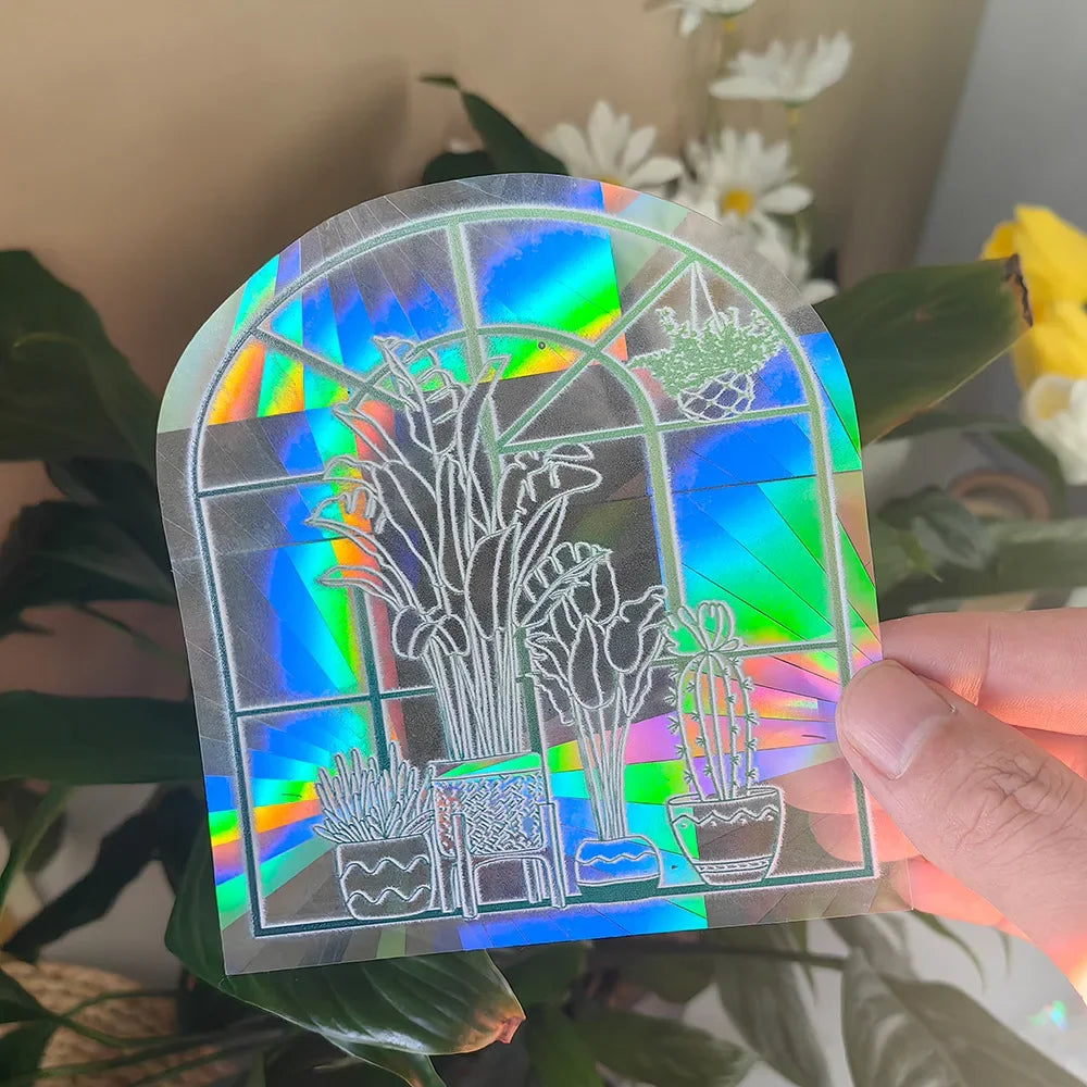 décoration maison étiquettes solaires holographiques transparentes effet multicolore illustrations chats fenêtres arc ciel motifs