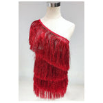 jupe festive dentelle paillettes franges blanc rouge élégante party accessoire textile