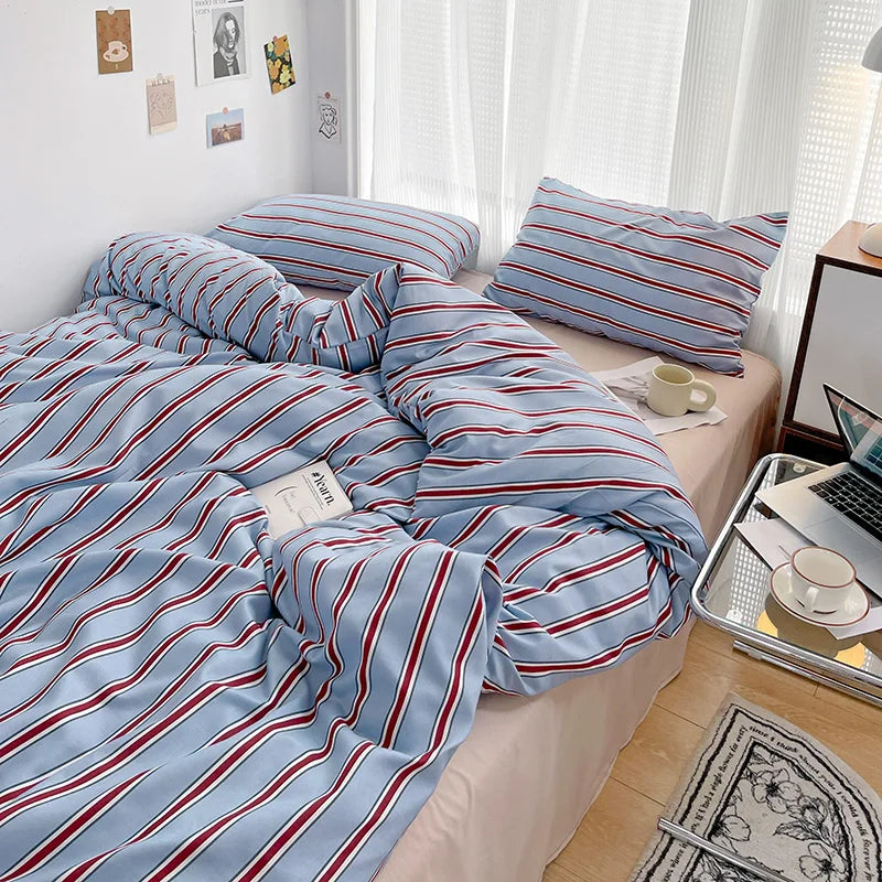 ensemble literie rayures bleu rouge moderne taies oreiller housses décontracté coton mat lit drap