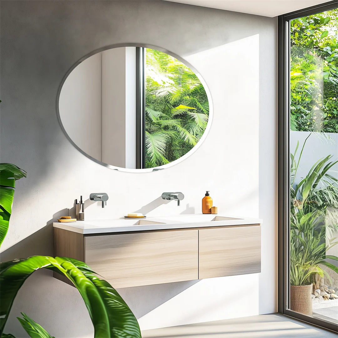Salle de bain moderne avec meuble en bois clair, miroir rond et fenêtre offrant une vue sur la verdure luxuriante à l'extérieur.