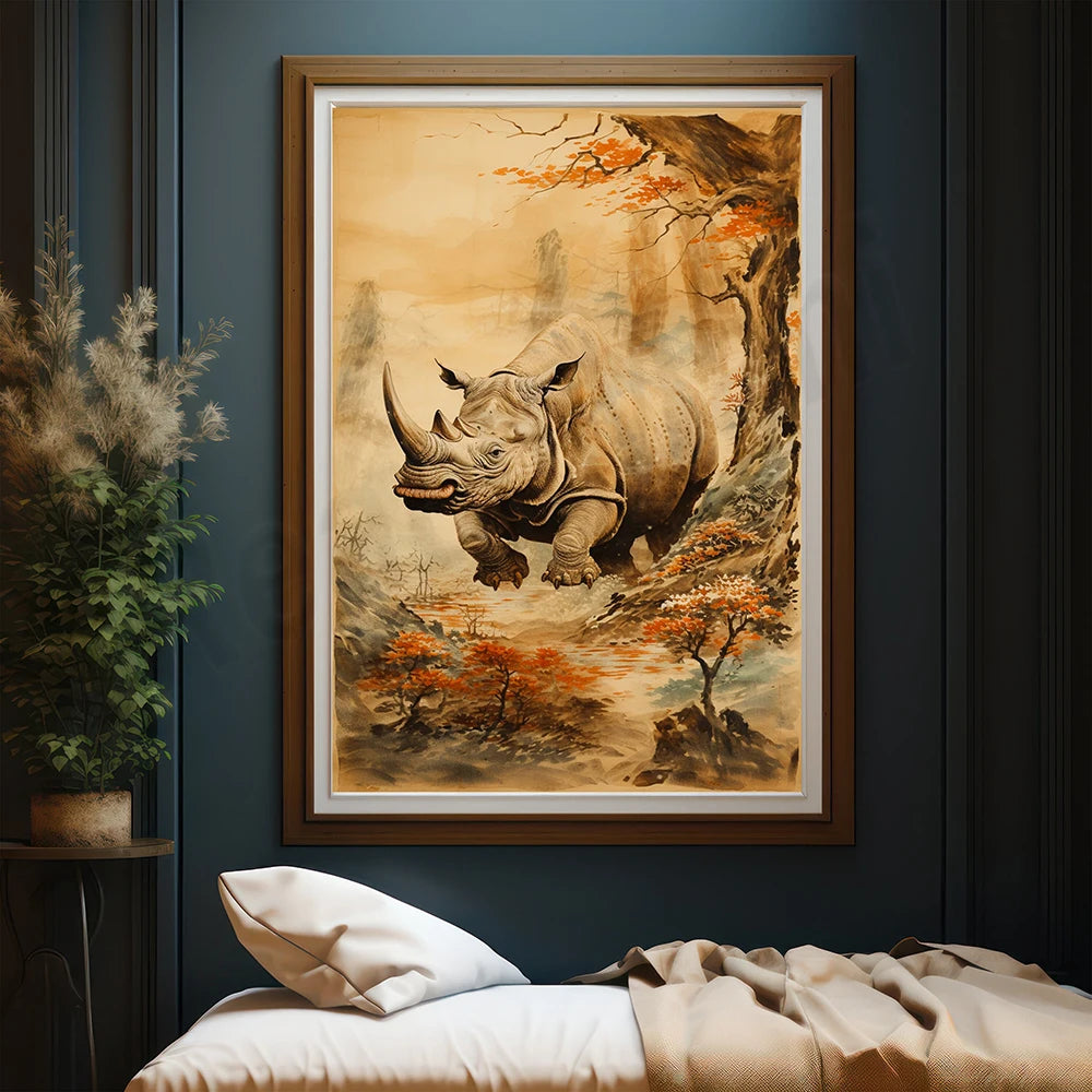 Cette peinture murale représente un rhinocéros dans un paysage d'automne coloré, avec des arbres aux feuilles rouges et orangées et un ciel doré à l'horizon.