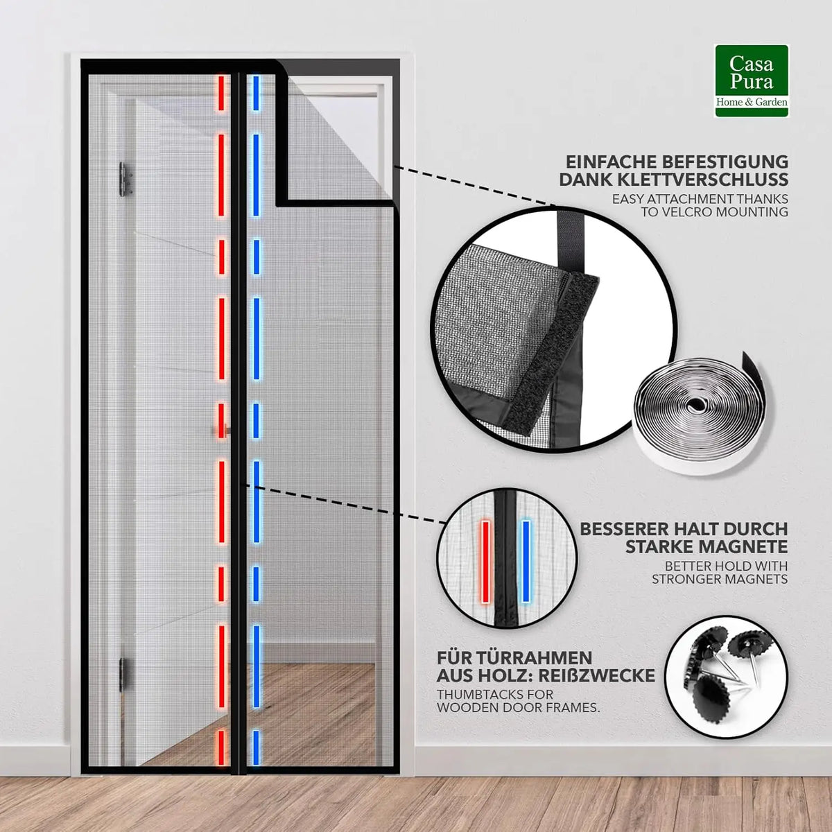 rideau moustiquaire gris noir velcro porte protection insectes sans perçage moderne