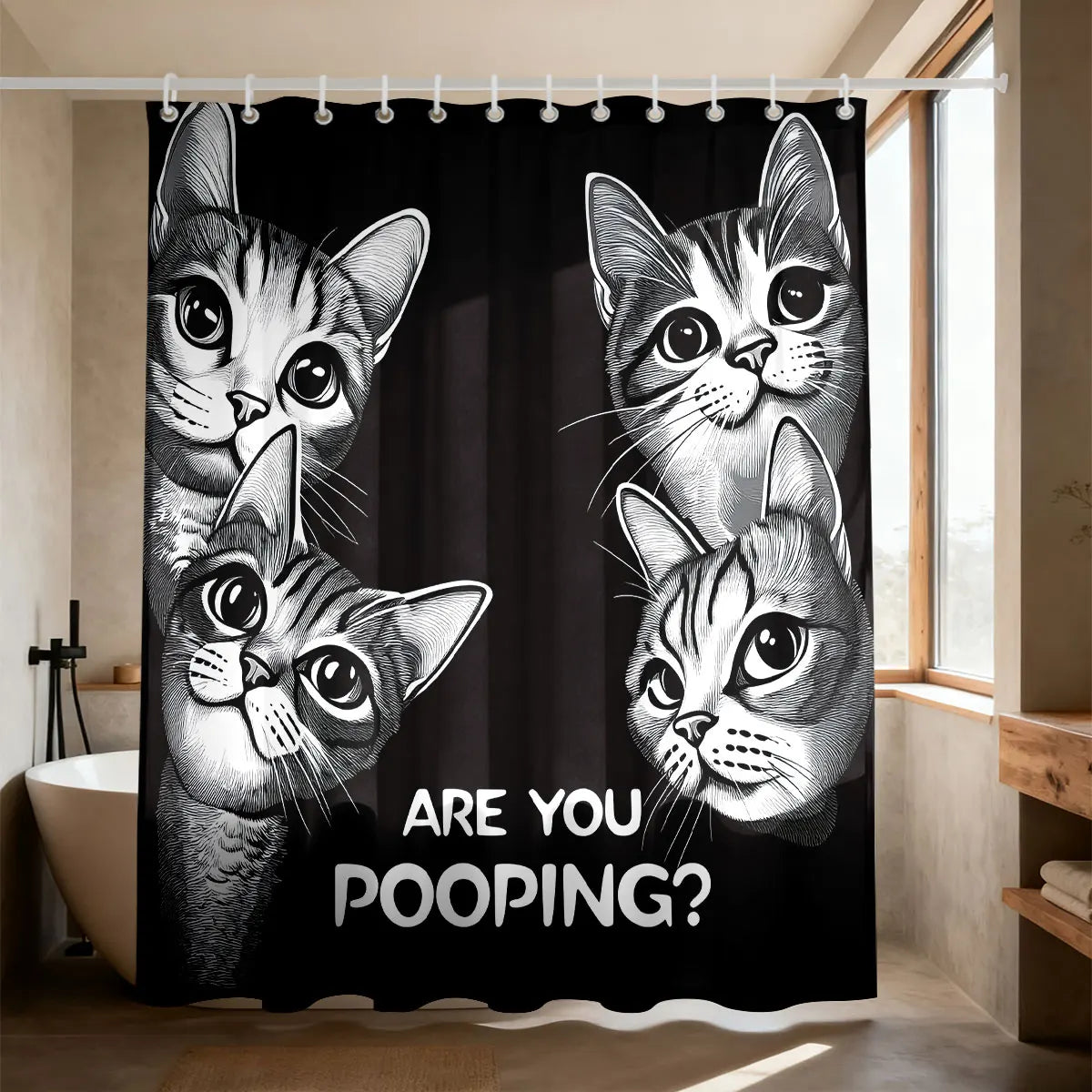 rideau douche graphique chatons humour noir gris opacité salle bain classique