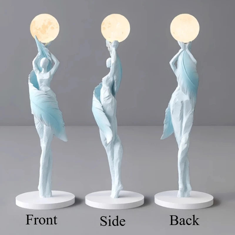 sculpture décorative moderne figure féminine globe lune noir blanc bleu clair résine chambre salon