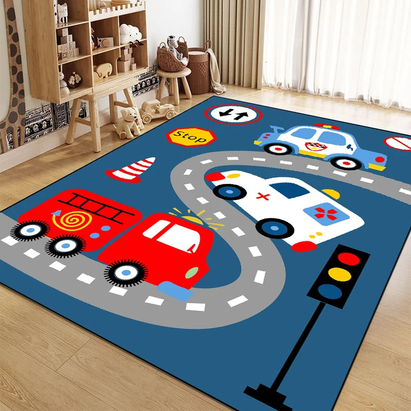 Tapis de jeu pour enfants avec motifs de voitures et de panneaux de signalisation routière, conçu pour stimuler l'imagination et l'apprentissage des jeunes enfants.