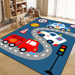 Tapis de jeu pour enfants avec motifs de voitures et de panneaux de signalisation routière, conçu pour stimuler l'imagination et l'apprentissage des jeunes enfants.