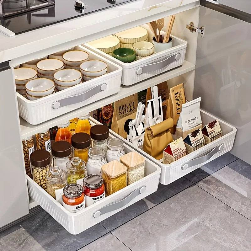 rangements modulaires tiroirs blancs rayures horizontales rails glissières adhésifs moderne cuisine
