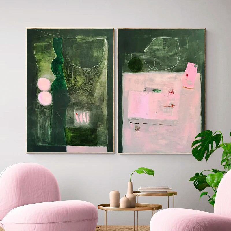 tableaux decoratifs moderne abstraits geometrie couleur vert rose blanc gravure toile coton sans cadre