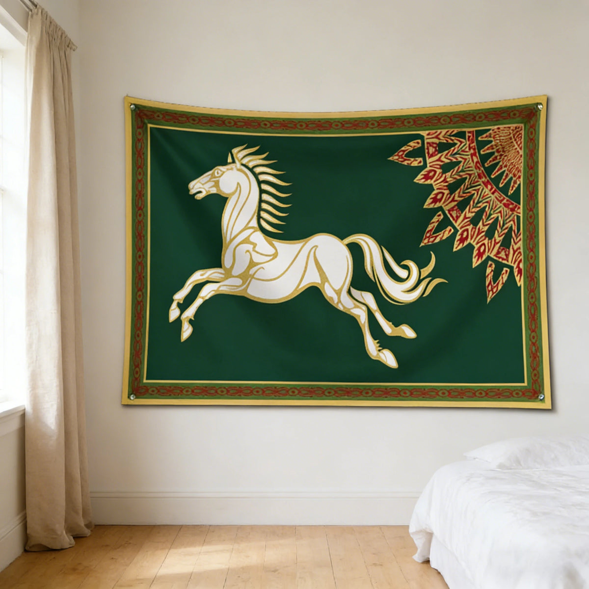 tapisserie art déco vintage cheval galopant vert foncé blanc doré decoration mur