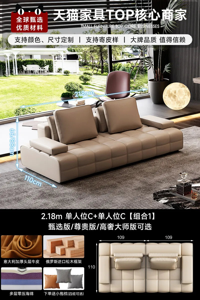 canapé d'angle deux places cuir moderne beige clair coussins repos pieds salon minimaliste