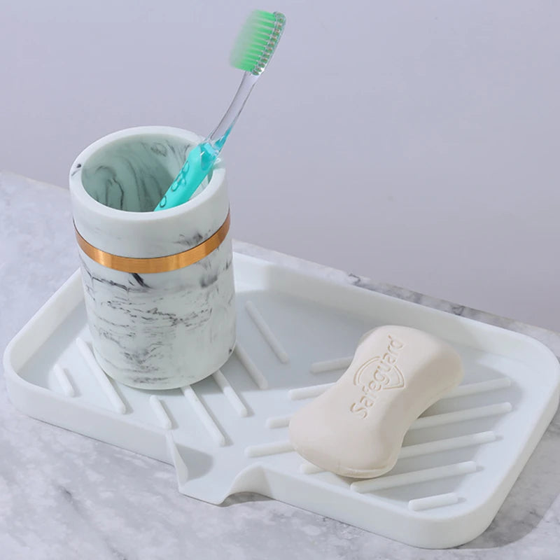 support savon silicone self draining moderne gris vert blanc rayures horizontales