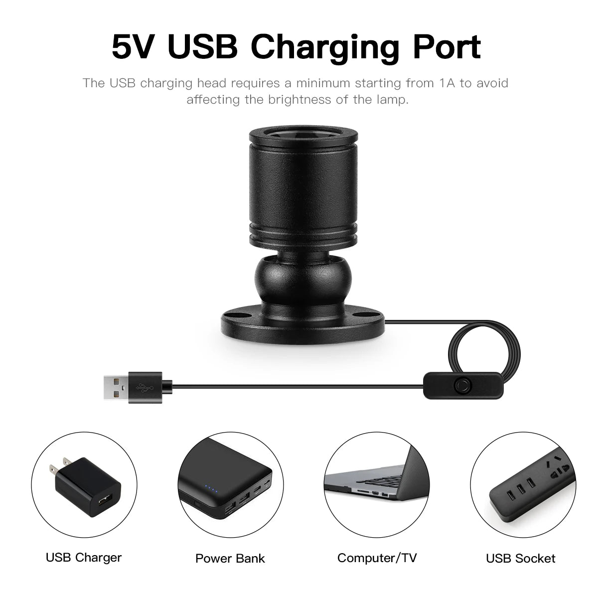 spot lumineux blanc noir transparent moderne câble usb chargeur on off chambre coucher
