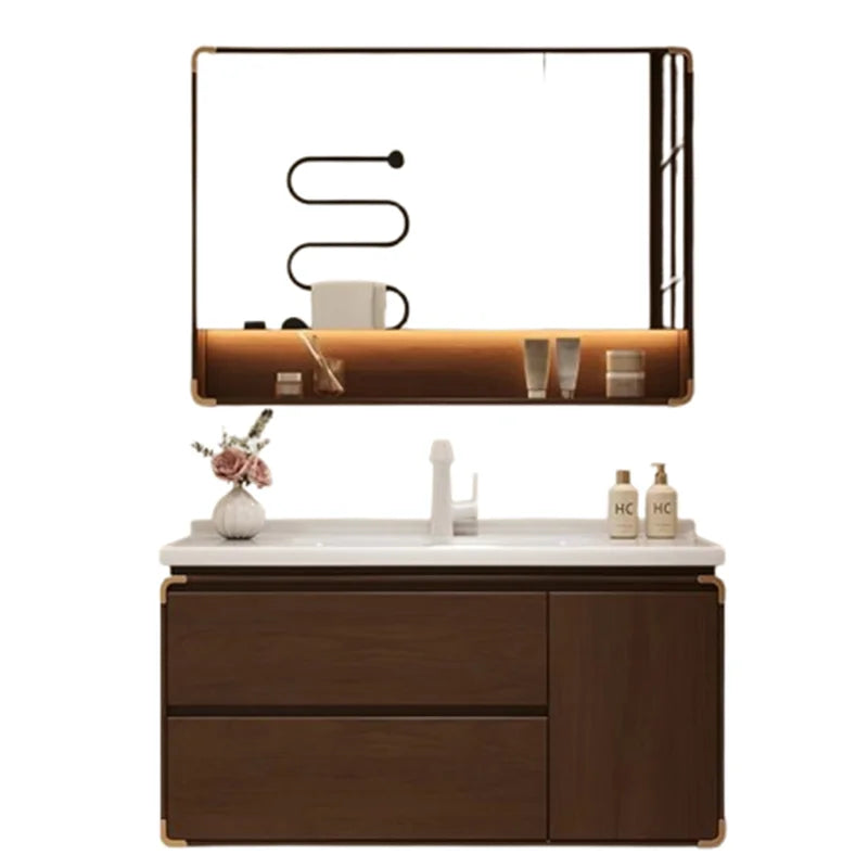 meuble salle bain moderne miroir étagère rangement blanc marron bois naturel