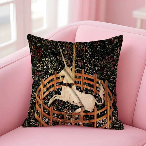 taie d'oreiller carrée motif licorne vintage baroque fleurs noir beige doré lit canapé