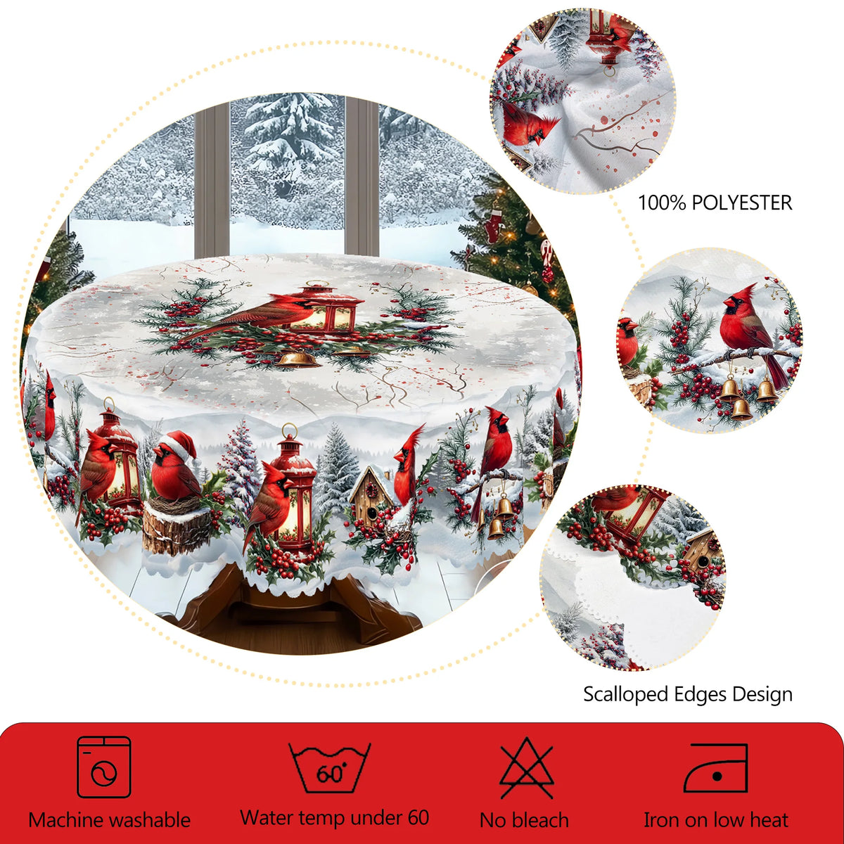 nappe table noël oiseaux houx cloches festive traditionnelle imperméable polyestre blanc rouge verte
