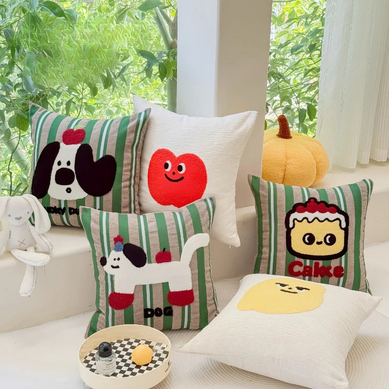housse coussin brodée animaux vertes blancs nordique cartoon décor maison salon chambre voiture 45x45cm