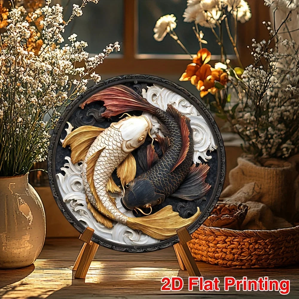 plaque murale décorative or noir poisson stylisé fond texturé artisanal 20x20cm