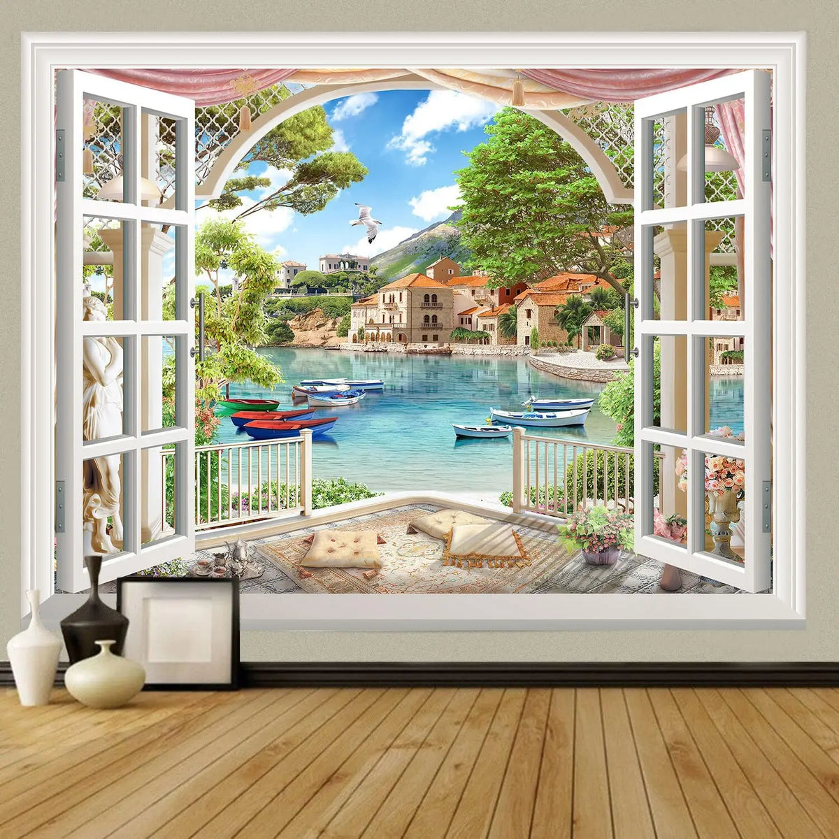 poster mural paysage marin plage palmiers couchersoleil adhésif lavablepolyester blanc vert bleu beige doré