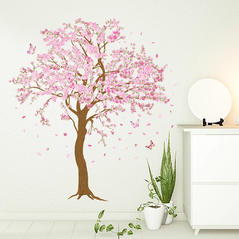 sticker mural fleurs cerisier papillons rose brun décoration enfant chambre salon familial