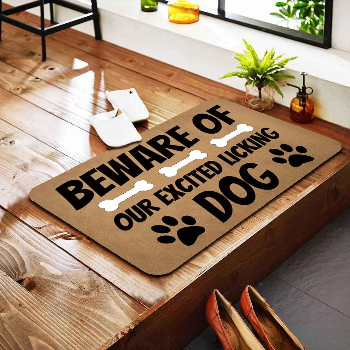 tapis d'entrée imperméable antidérapant imprimé os empreintes chiens moderne humoristique marron clair