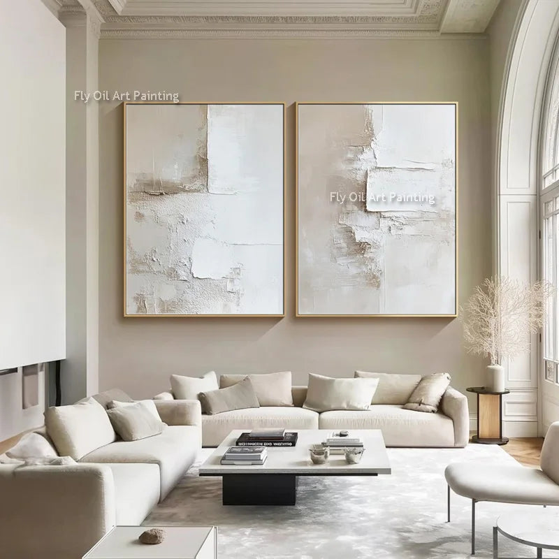 peinture l'huile abstraite contemporaine minimaliste beige blanc gris toile sans cadre