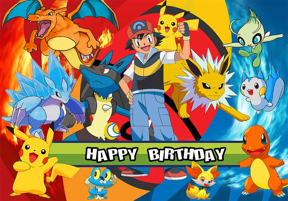 décoration anniversaire enfant pikachu happy birthday fond illustration vinyle poster Jaune Bleu