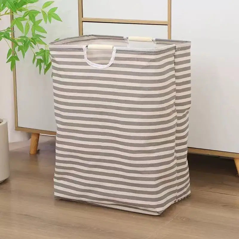 panier linge pliable coton rayures horizontales beige gris moderne poignées plastique