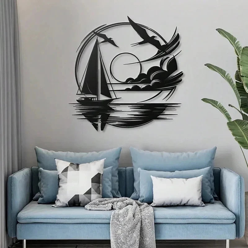 décoration murale art marin plaque métal bateau voile oiseaux vague soleil