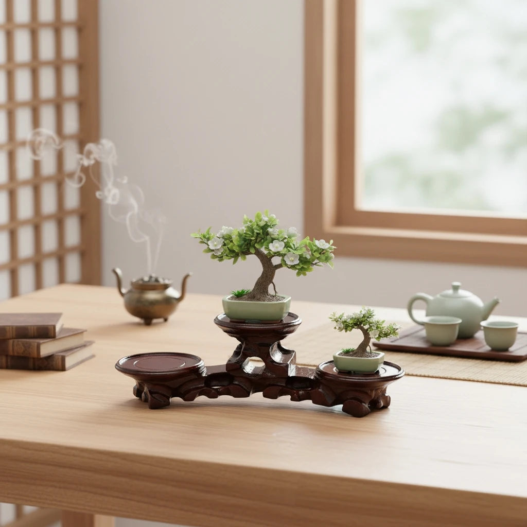 présentoir bois sculpté chinois plateformes circulaires vases céramique fleur séchée bouddha pierre