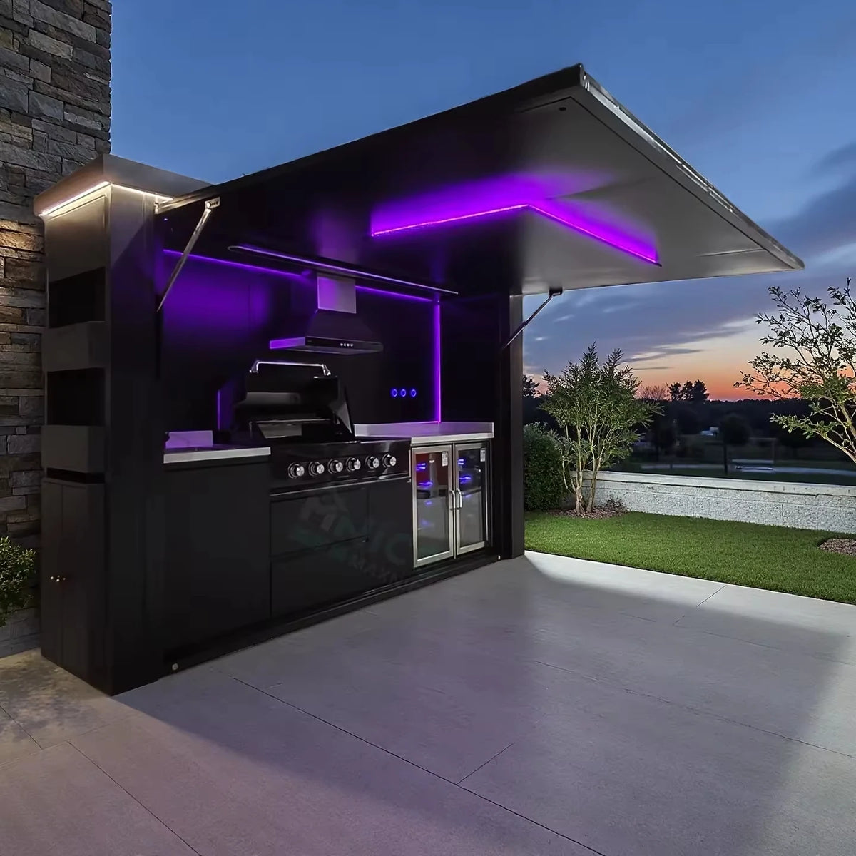 barbecue extérieur moderne aluminium noir gris évier thermomètre lumière rgb électro hydraulique double paroi