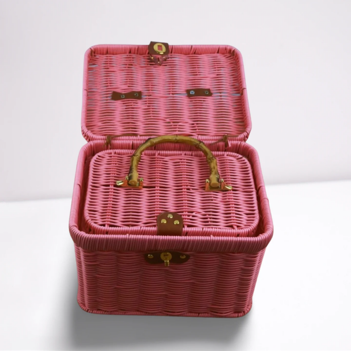 paniers rangement tressés rose vert marron poignées métalliques couvercle verrouillable vintage multifonctionnels