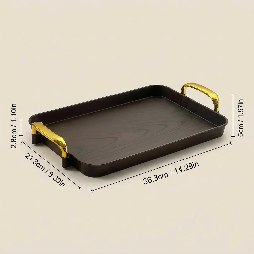 plateau rangement marron bois naturel poignées dorées boîte bijoux pots cosmétiques bouteilles lotions savon
