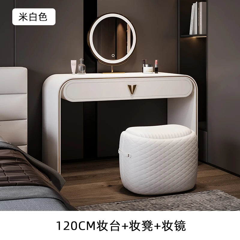 coiffeuse moderne maquillage miroir lumineux tabouret compartiments tiroirs étagère arrière beigeclair minimaliste
