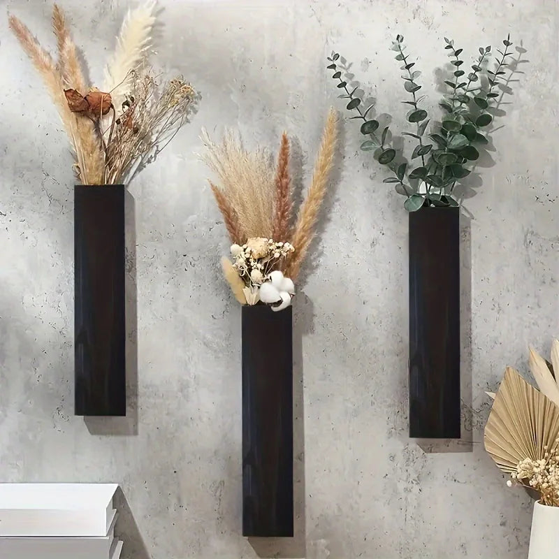 vases muraux rectangulaires bois noirs modernes plantes fleurs séchées décoration intérieure fixations murales