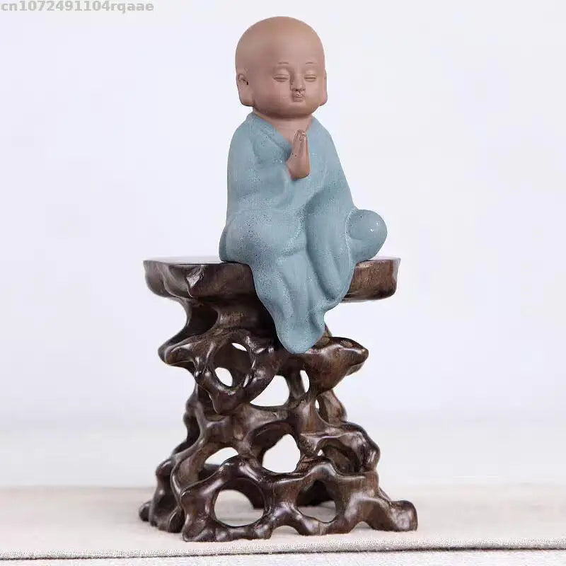 support bois sculpté théière tasse figurine bébé bol décor maison artisanal rustique